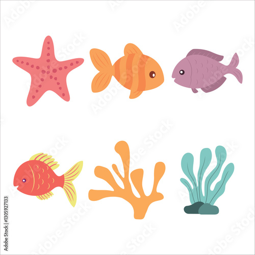 Sea Ocean Marine Life Elements Set of Fish Starfish Seaweed Coral Reef