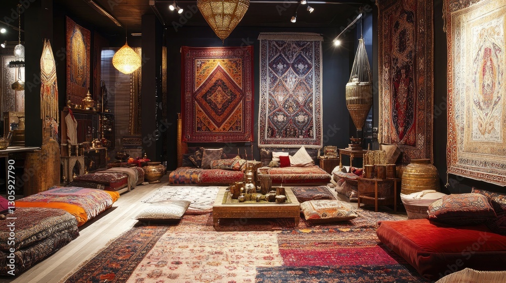 Middle Eastern-inspired space with plush velvet cushions, ornate rugs, rich tapestries, and brass accents for an opulent, exotic feel Middle Eastern-inspired space with plush velvet cushions, ornate rugs, rich tapestries, and brass accents for an opulent, exotic feel