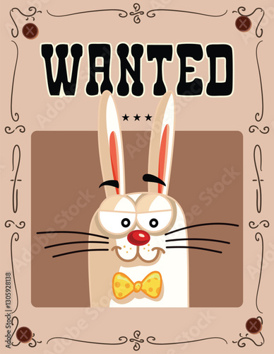 Easter Bunny Wanted Poster Vector Cartoon Design Illustration. Funny criminal hare being on the rug during holidays 
