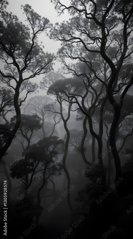 Fototapeta premium Eerie Forest Silhouette in Dense Fog. Mysterious Landscape, Moody Scene. Black and White Nature. Generative AI.