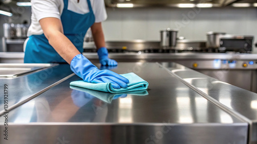 professional cleaner is wiping stainless steel kitchen surface with blue cloth, ensuring spotless and hygienic environment