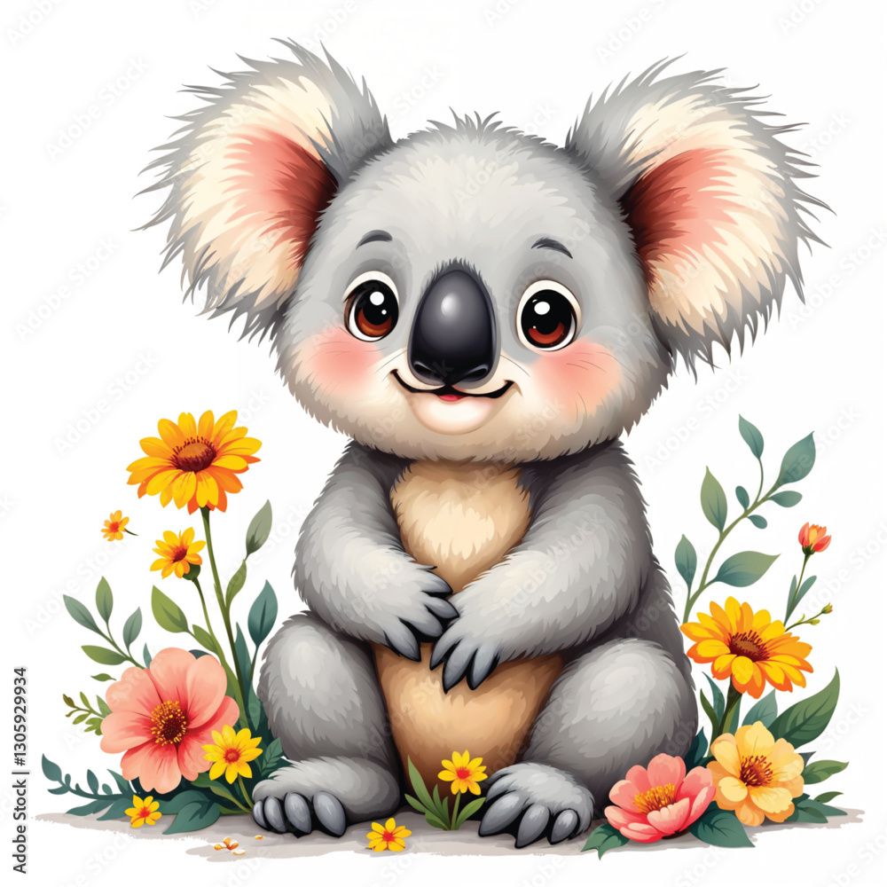 Fototapeta premium Cute Koala with Colorful Flowers Illustration