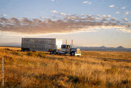 semi-truck eighteen wheeler with stock livestock cattle trailer on dirt road mountain truck rig 