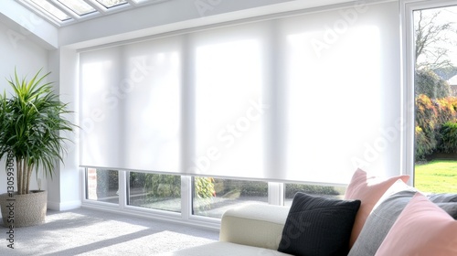 Modern Living Room with Sheer Roller Blinds  Cozy Couch  and Sunlight