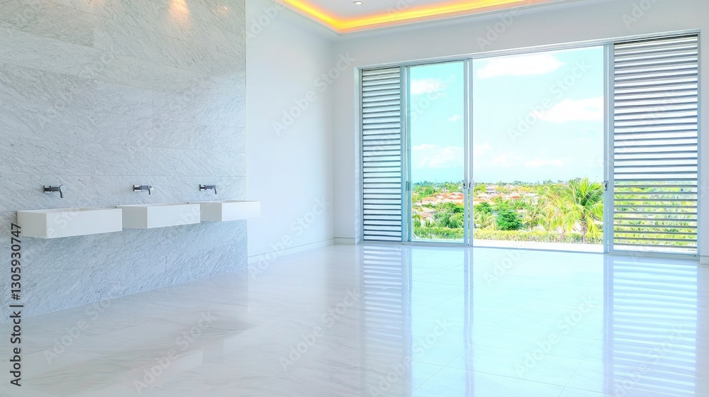 Fototapeta premium Modern Minimalist Bathroom Design Marble Sinks Panoramic View