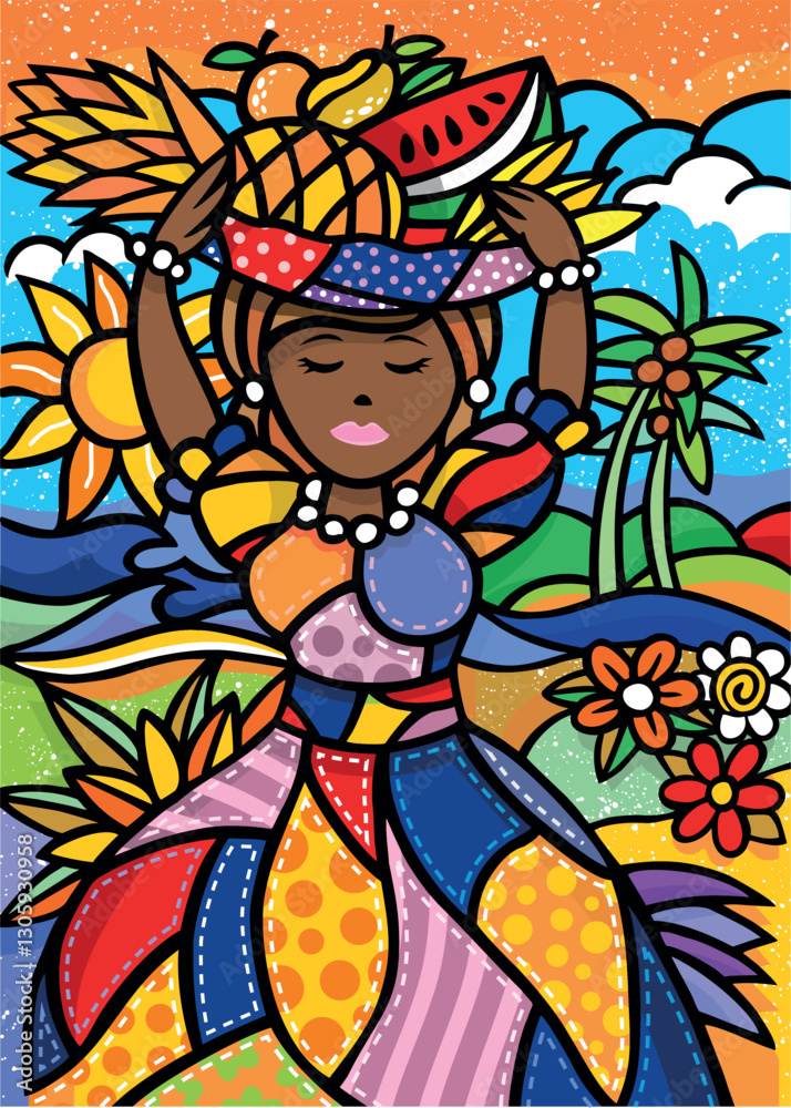Beautiful and multicolored illustration of a dark-skinned Bahiana. Graphic style art representing a tropical and coastal atmosphere. Beautiful and multicolored illustration of a dark-skinned Bahiana. Graphic style art representing a tropical and coastal atmosphere.