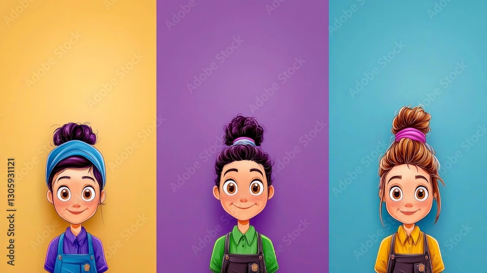 Naklejka premium Happy Cartoon Teacher Avatars Diverse Girls Education Illustration