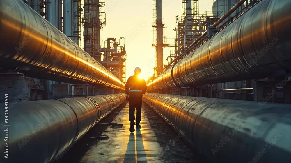 custom made wallpaper toronto digitalWorker walks along industrial pipeline at sunset in an oil refinery
