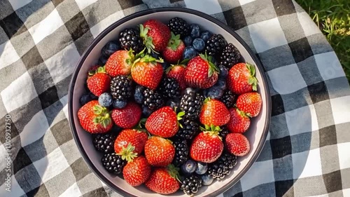 Fresh berries in a bowl on a picnic blanket photo