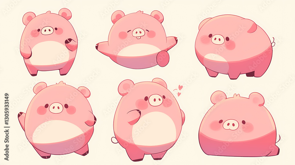 Cute cartoon pigs displaying various playful poses and expressions on a light background, ideal for children's content Cute cartoon pigs displaying various playful poses and expressions on a light background, ideal for children's content