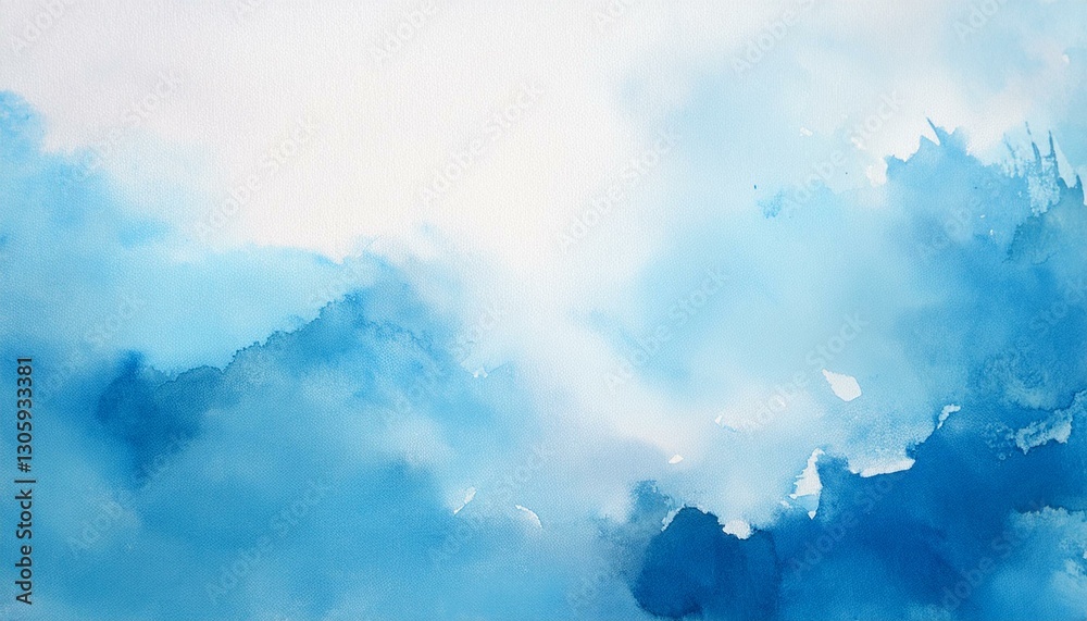 Fototapeta premium watercolor background in blue and white colors soft pastel color splash and blotches with fringe bleed painting in abstract clouds shapes with paper texture