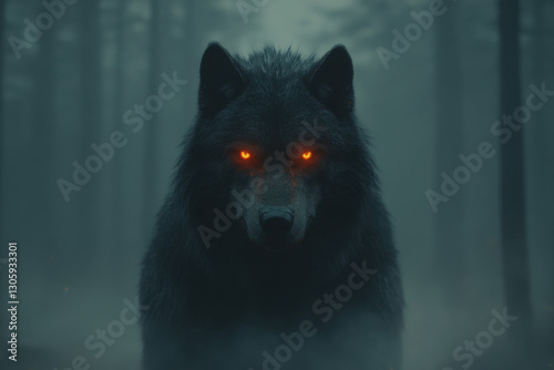 A wolf with glowing red eyes stares at the camera