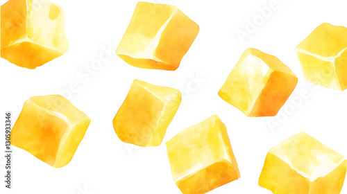 A close up of yellow cubes on a white background