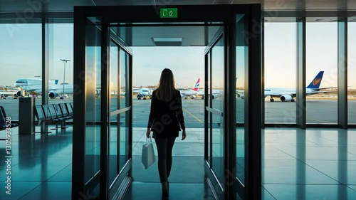 Traveling through an airport terminal at sunset with planes lined up and passengers getting ready to board flights