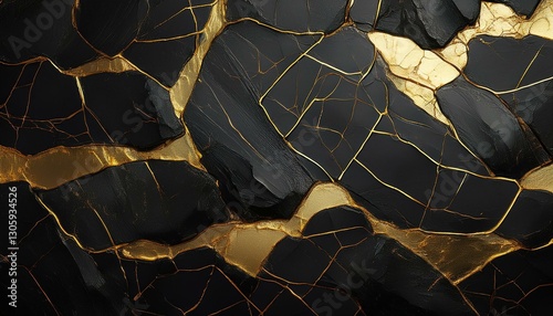 Abstract black crackle texture with sharp gold lines and a luxurious feel, creating a dramatic and elegant background, ideal for high-end or artistic designs.