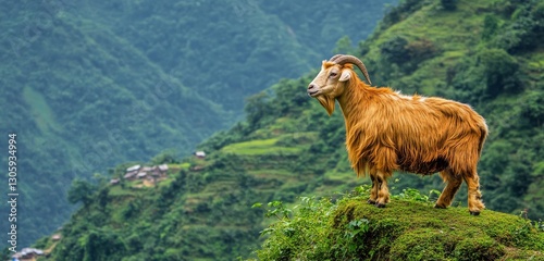 Wallpaper Mural Golden-furred goat standing on a small hill, looking over a lush green farm Torontodigital.ca