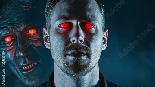 In shadows, a man’s face glows faintly as a demonic figure whispers temptingly with red eyes. His fearful expression contrasts the dark, misty background's dramatic, mysterious atmosphere.