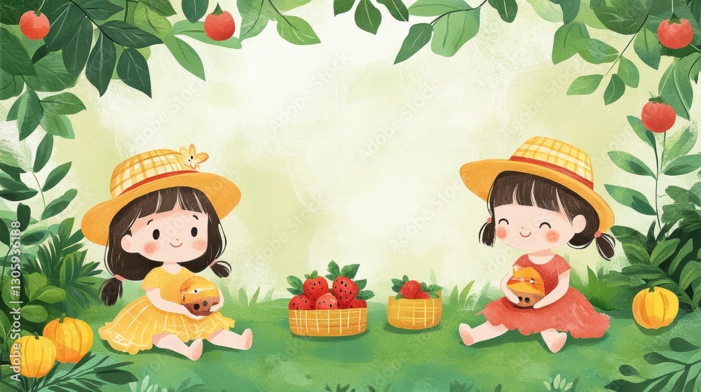 Naklejka premium Two little girls sit on the grass enjoying fresh apples together.