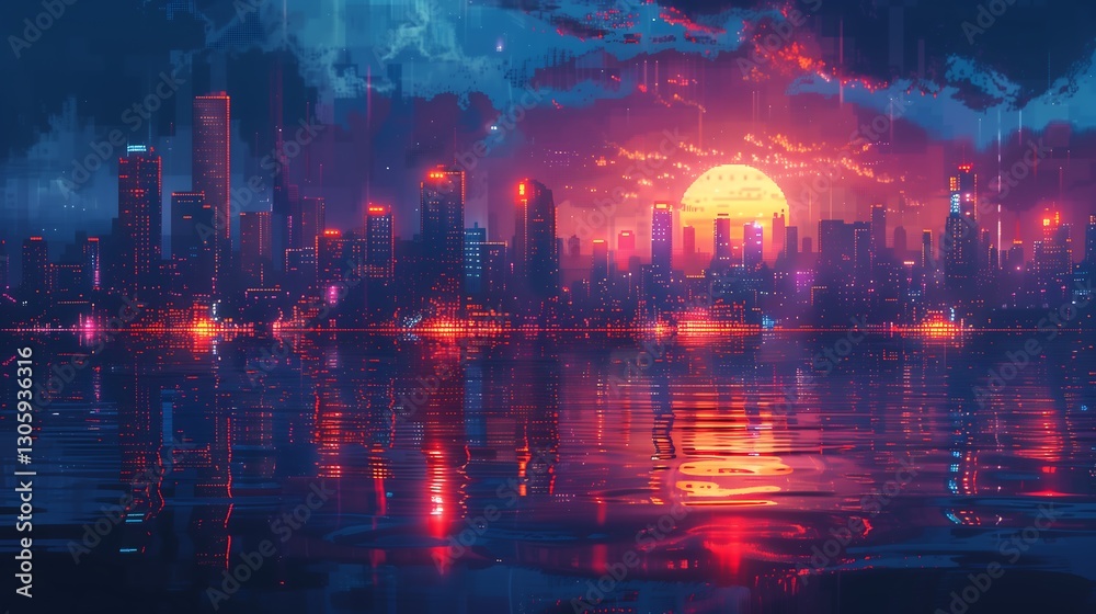 Naklejka premium Cyberpunk City Skyline Pixel Art with Glowing Neon Lights at Night – Futuristic Digital Background