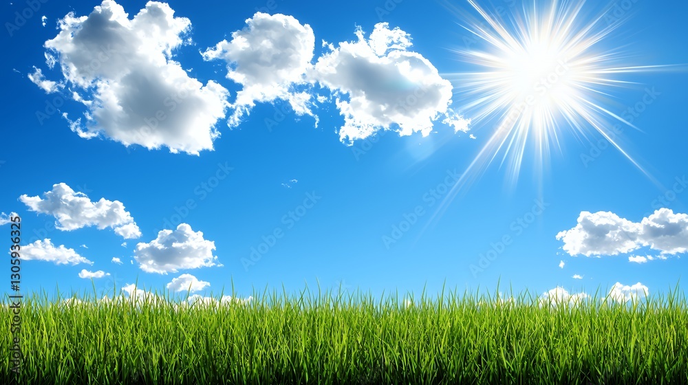 Bright Sunny Day with Fluffy Clouds Over Lush Green Field Bright Sunny Day with Fluffy Clouds Over Lush Green Field