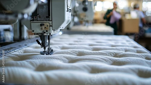 Craftsmanship in mattress production captured inside a busy manufacturing facility in the early afternoon