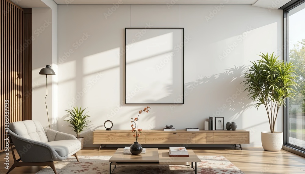 Fototapeta premium Modern living room design contemporary home interior bright atmosphere wide angle minimalism
