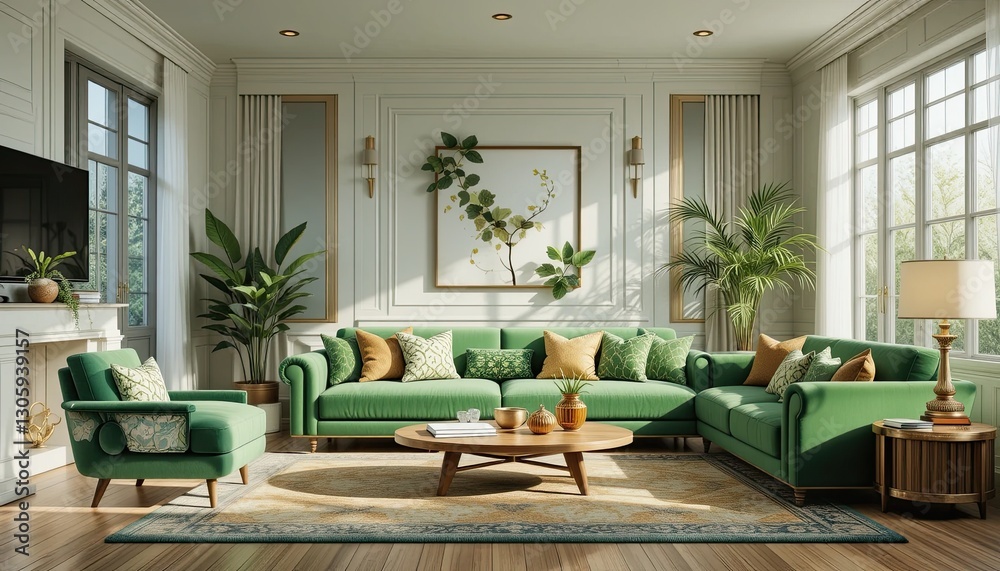 Fototapeta premium Elegant green living room cozy contemporary aesthetics