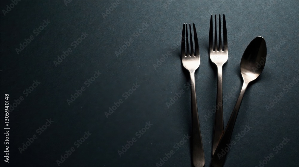 Elegant Flatware Arrangement on Dark Surface A Simple Still Life of Polished Metal Cutlery Elegant Flatware Arrangement on Dark Surface A Simple Still Life of Polished Metal Cutlery