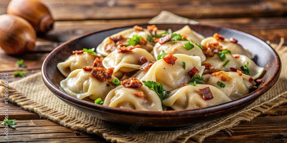 Homemade dumplings with bacon and onions, freshly cooked and ready to be served, dumplings, homemade, bacon, onions Homemade dumplings with bacon and onions, freshly cooked and ready to be served, dumplings, homemade, bacon, onions