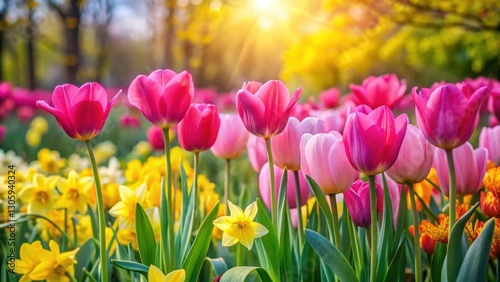 Obraz na płótnie Vibrant pink tulips and yellow daffodils blooming in a picturesque spring garden, spring, flowers, vibrant, pink, tulips w salonie