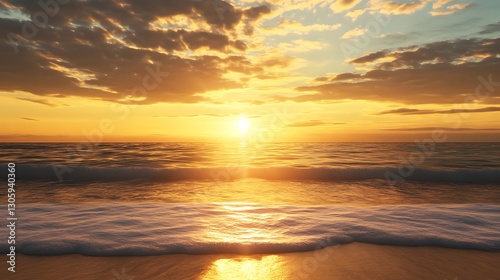 ahmadwahyuutomo776@gmail.com Golden sunrise reflecting on a calm ocean with soft waves, creating a serene and tranquil atmosphere.