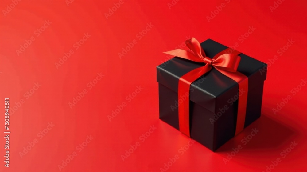 Obraz premium A single black gift box with a vibrant red ribbon, elegantly presented against a rich red backdrop, conveying a sense of mystery and anticipation