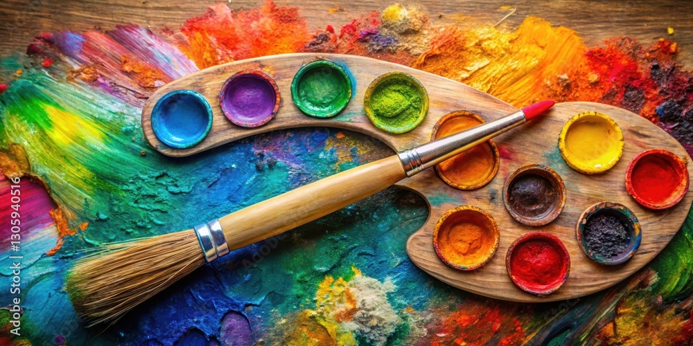 Obraz premium Color brush and pallet with various shades of paint for artistic projects, color, brush, palette, shades, paint, artistic