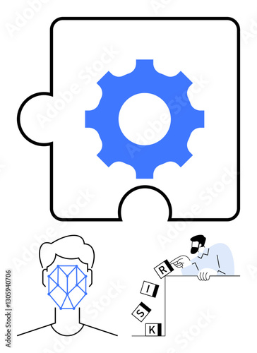 Blue gear on puzzle piece, geometric human face structure, man stacking risk blocks. Ideal for problem-solving, innovation, technology, AI, risk management planning teamwork. Flat simple metaphor