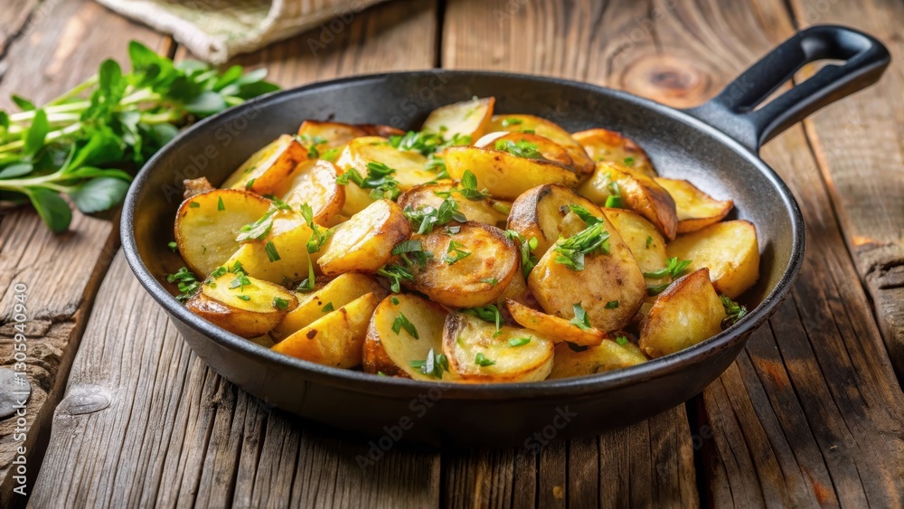 Close up of delicious Bratkartoffeln in a rustic pan , traditional, German, cuisine, potatoes, fried, golden, crispy, savory Close up of delicious Bratkartoffeln in a rustic pan , traditional, German, cuisine, potatoes, fried, golden, crispy, savory