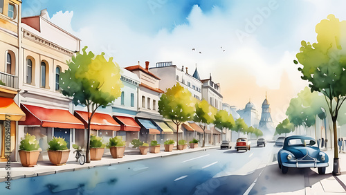 Watercolor Painting of Charming City Street with Vintage Cars and Trees