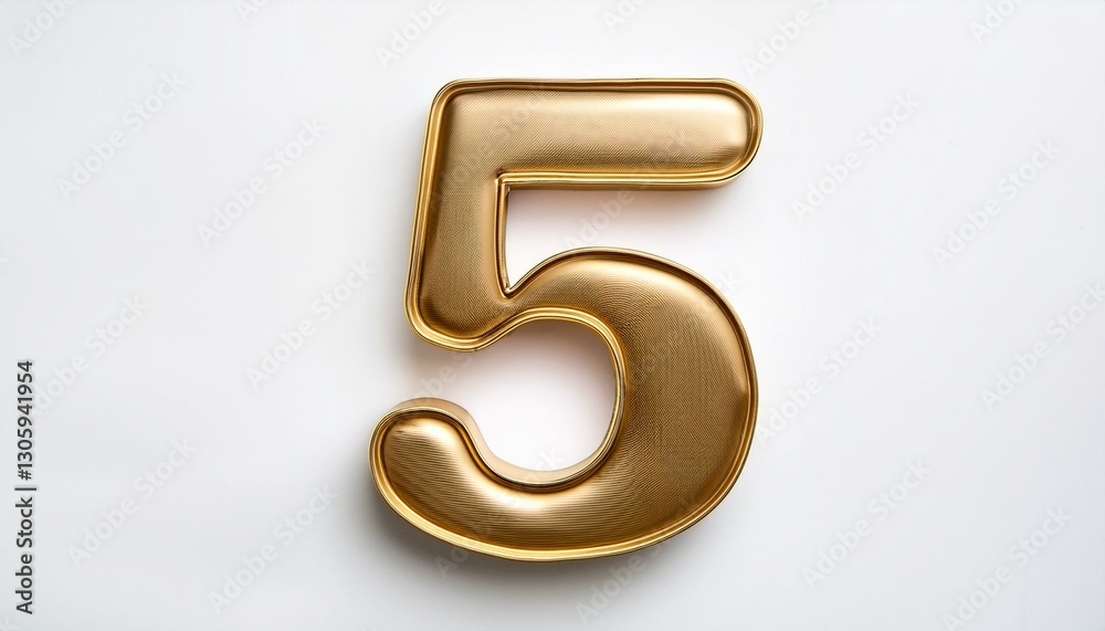 the number five / 5 made out of gold - isolated top view product photo on white background