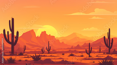 Serene desert landscape at sunset with cacti silhouettes against vibrant orange sky and mountains