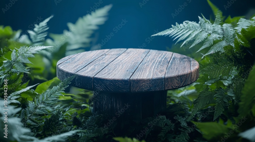 Naklejka premium Rustic Wooden Pedestal in Lush Forest Nature Display Product Mockup