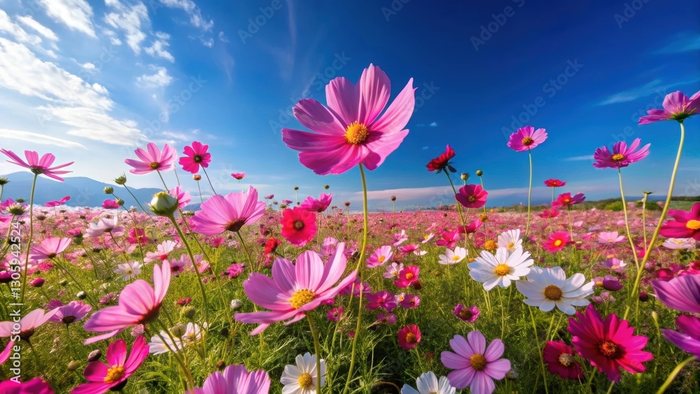 Vibrant cosmos flower fields under a clear blue sky, cosmos, flowers, field, sky, vibrant, colorful, beauty, nature, landscape Vibrant cosmos flower fields under a clear blue sky, cosmos, flowers, field, sky, vibrant, colorful, beauty, nature, landscape