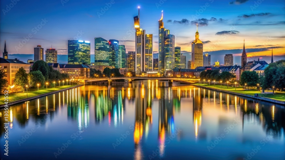 Naklejka premium Skyline of Frankfurt at night with illuminated buildings reflecting on the river , Frankfurt, Germany