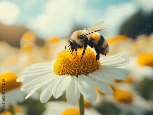 Dynamic shot of a buzzing bee approaching a fully bloomed daisy, vibrant yellow center, crisp details, shallow depth of field, warm summer tones, cinematic natural light