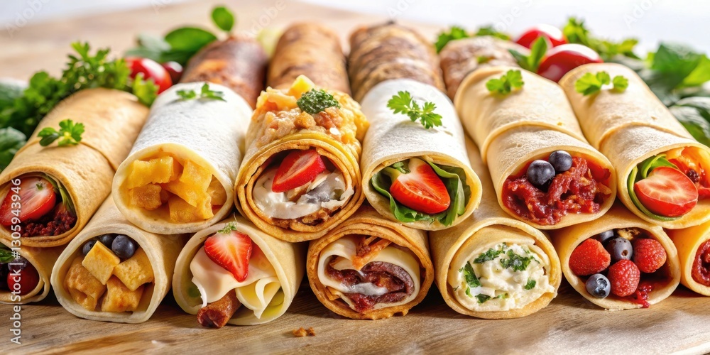 Fototapeta premium Assorted collection of stuffed crepes with a variety of fillings , food, cuisine, breakfast, dessert, sweet, savory, delicious