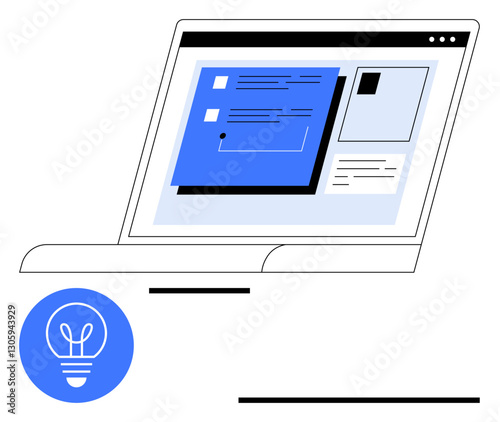 Open laptop showing web design interface with blue lightbulb icon. Ideal for creativity, innovation, brainstorming, technology, UI design, digital projects, inspiration. Flat simple metaphor