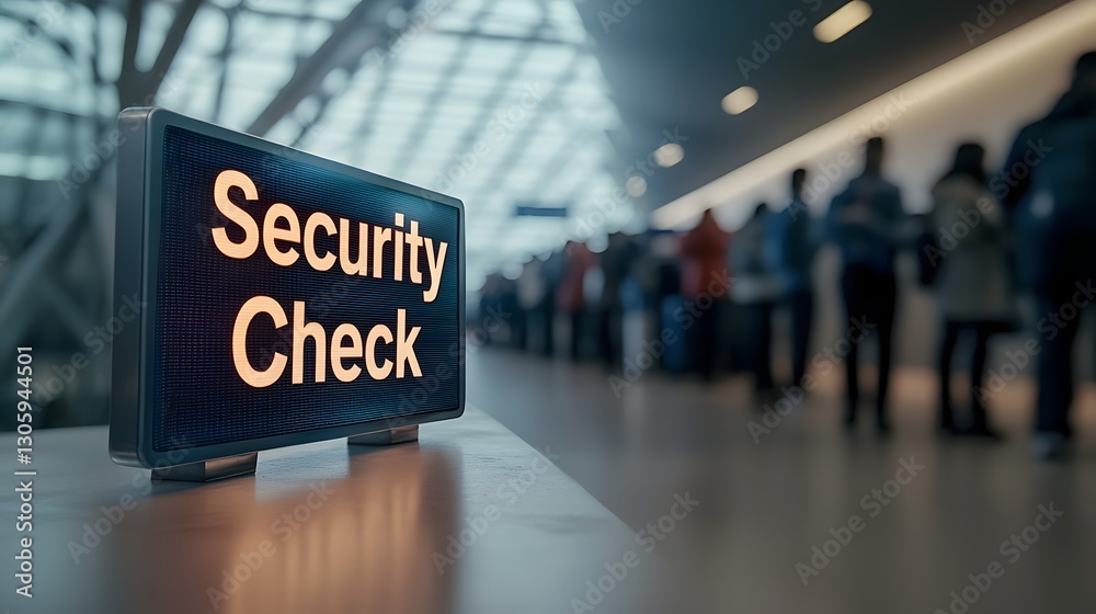 Fototapeta premium A photo depicting an angle of a glowing Security Check sign with a queue of blurred passengers in the background of a bustling airport terminal
