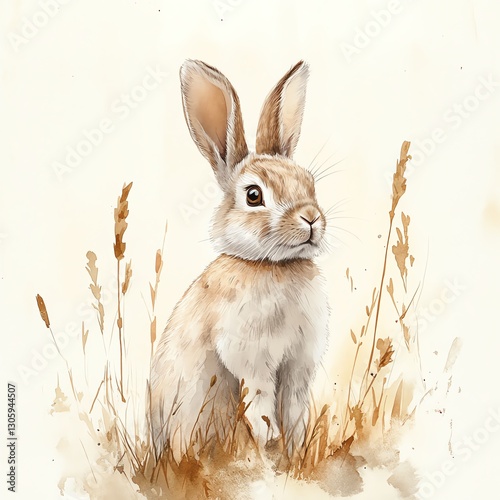 Realistic watercolor illustration of a rabbit in its natural environment, soft earthy tones, fur texture detailed, calm and tranquil, highdefinition style photo