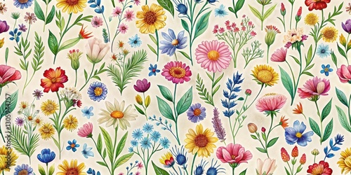 Colorful seamless pattern of hand-drawn field flowers on a light background, floral, nature, botanical, wildflowers, vibrant