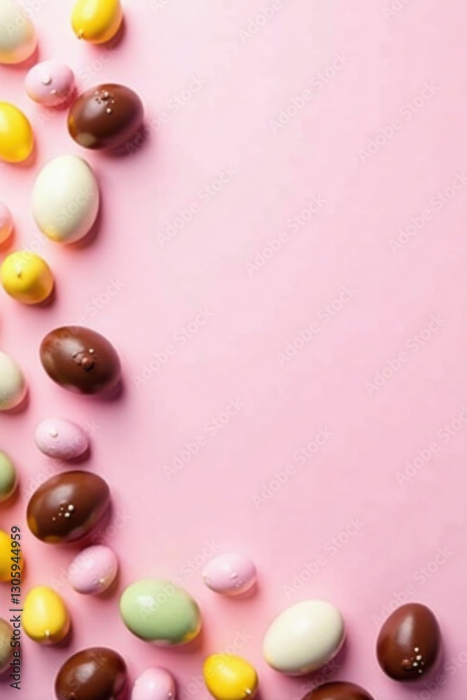 Pastel-Colored Chocolate Eggs Arranged on a Pink Background, a Festive Springtime Treat Pastel-Colored Chocolate Eggs Arranged on a Pink Background, a Festive Springtime Treat