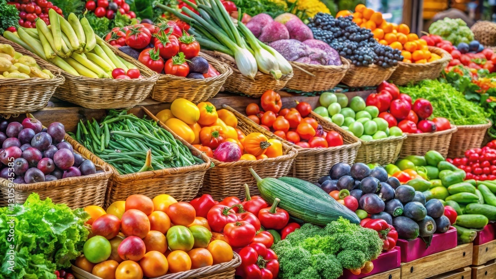 Fresh selection of colorful fruits and vegetables on display at a local farmer's market, healthy, organic, variety, market Fresh selection of colorful fruits and vegetables on display at a local farmer's market, healthy, organic, variety, market