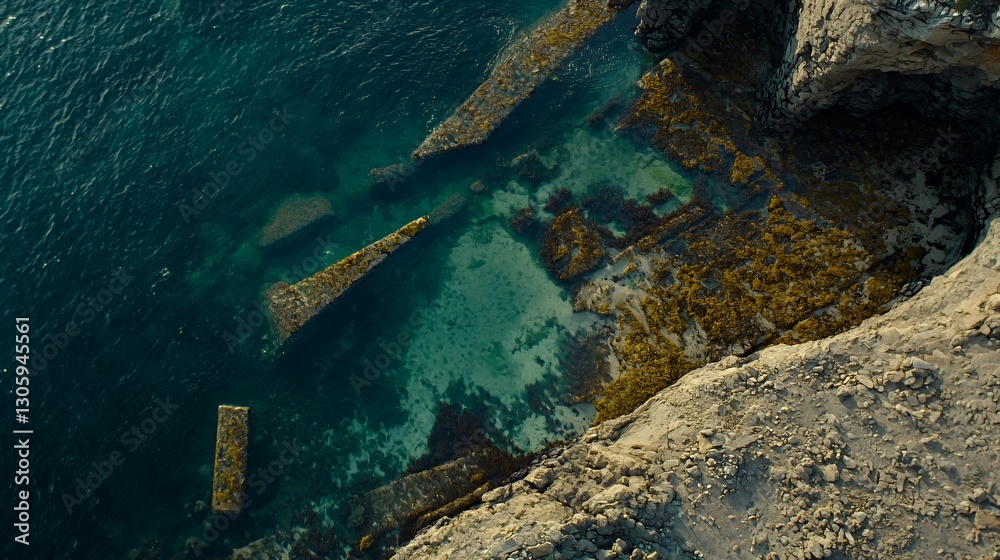 Aerial View of Rocky Coastline with Clear Teal Water Aerial View of Rocky Coastline with Clear Teal Water